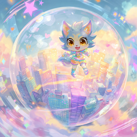 Cute cartoon fox on the background of the city. Vector illustration.の素材