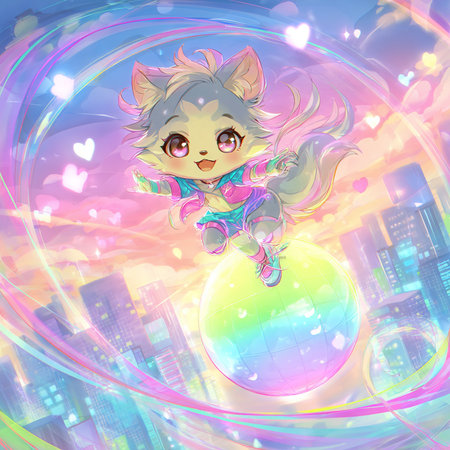 Funny kitty with disco ball on the background of the cityの素材