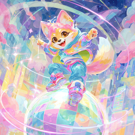 Funny cartoon fox flying around the globe. Vector illustration on the theme of outer space.の素材