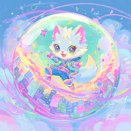 Cute cat on the background of the city. Vector illustration.の素材