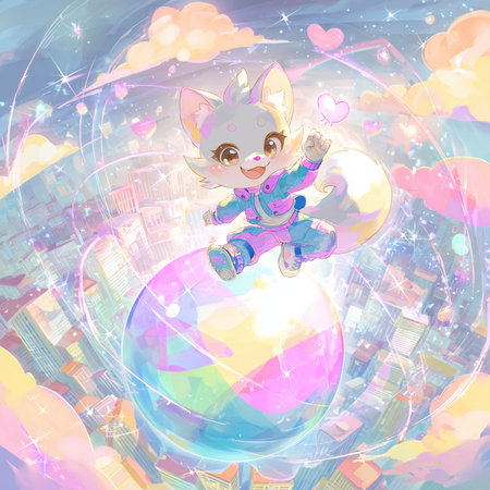 Illustration of a cute little fox sitting on the globe in the cityの素材