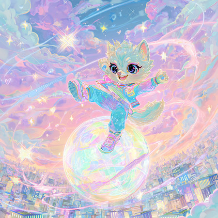 Cute cartoon cat on the background of the night city. Vector illustration.の素材