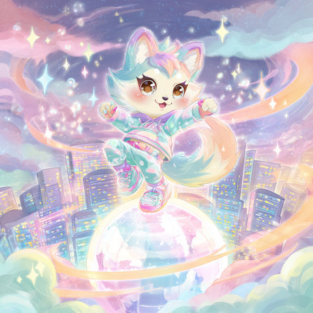 Cute cartoon fox in the city at night. Digital painting.の素材