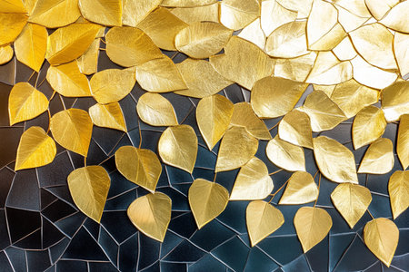 Golden leaves pattern on black and gold mosaic tile wall for background.の素材