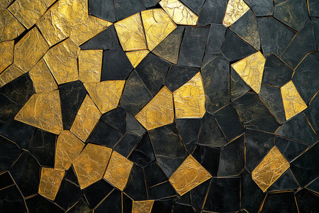 Close up of gold and black mosaic tiles wall background. Texture of gold and black mosaic tiles wall.の素材