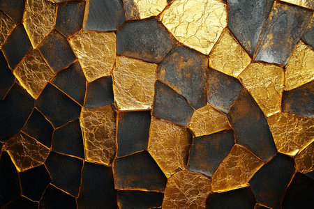 golden and black cracked wall texture background. 3d illustration.の素材