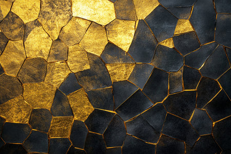 abstract background of old broken glass wall with gold and black patternの素材