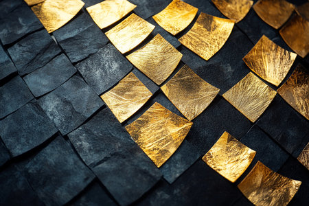 background of black and gold tiles. 3d rendering, 3d illustration.の素材