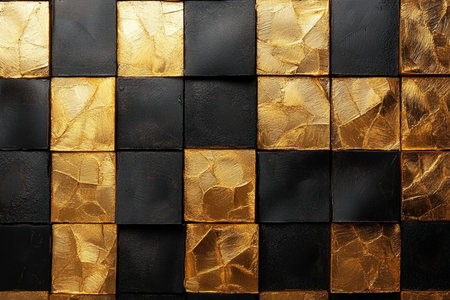 Black and gold mosaic tile wall texture. Abstract background and texture for design.の素材