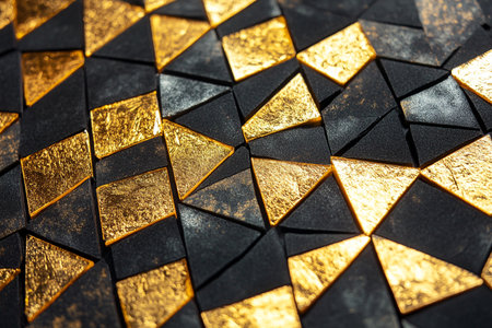 Abstract background of black and golden mosaic tiles. Selective focus.の素材