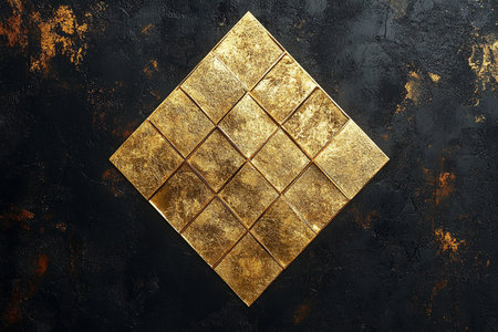 Golden mosaic tiles on a dark textured background. 3d renderingの素材
