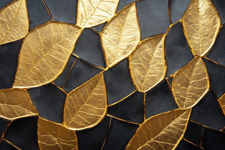 Golden leaves pattern on black background. 3d rendering. Computer digital drawing.の素材