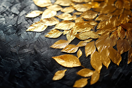 Golden leaves on a black textured background. Place for text.の素材