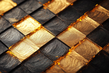 Close-up of black and gold chessboard. Abstract background.の素材