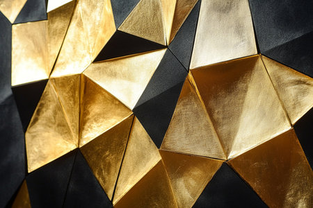 Geometric background of golden and black polygonal triangular elements.の素材