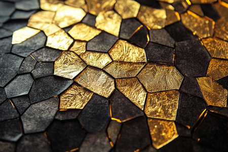 Abstract background with golden and black ceramic mosaic tiles, close up.の素材