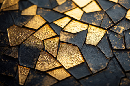 Close up of gold and black ceramic mosaic tiles texture background. Abstract background.の素材