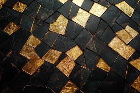 Black and gold mosaic tile wall texture background for interior or exterior design.の素材