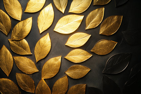 Golden leaves on black background. Flat lay, top view, copy spaceの素材