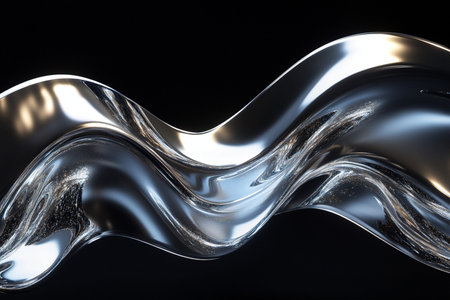 Metallic abstract wavy liquid form on black background. 3d render illustrationの素材