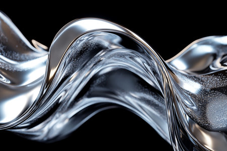 Metallic abstract wavy liquid form on black background. 3d render illustrationの素材