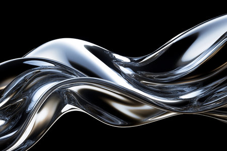 Metallic abstract wavy liquid form on black background. 3d render illustrationの素材