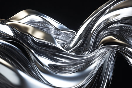 Metallic abstract wavy liquid background on black. 3d render illustrationの素材