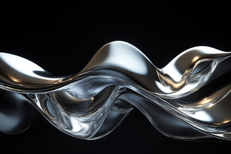 Metallic abstract wavy liquid form on black background. 3d render illustrationの素材
