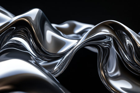 Closeup of rippled silver fabric on black background. 3d render illustrationの素材