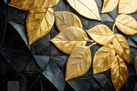 Golden leaves on a black background. 3d rendering, 3d illustration.の素材