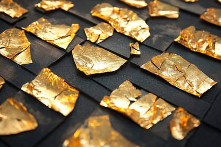 Golden pieces of foil on a black background. Shallow depth of field.の素材
