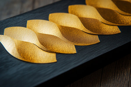 close up of golden paper napkins on black cutting board on wooden backgroundの素材