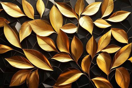 3d rendering, golden leaves pattern on black background, computer digital imageの素材