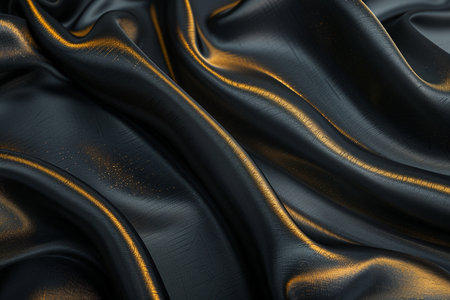 Closeup of rippled black silk fabric, shiny wavy background. 3d render illustrationの素材