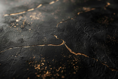 Abstract black and gold background with cracks and scratches. Black and gold texture.の素材