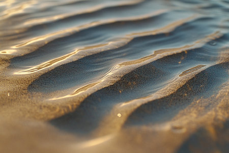 Close-up of the sea waves on a sandy beach at sunsetの素材