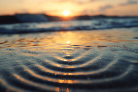 Sunset on the beach with wave and sun reflection on water.の素材