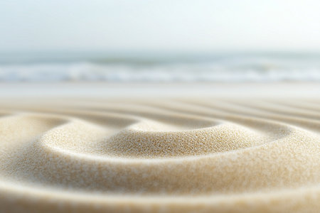 Close-up of sand on the beach with blurred sea background.の素材