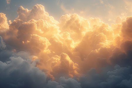 Dramatic cloudscape with sun rays and blue sky background.の素材