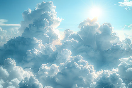Cloudscape background with blue sky and sun. 3d render illustrationの素材