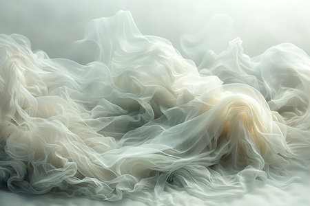 Closeup of rippled white silk fabric, studio shot.の素材