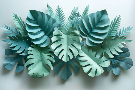 Creative layout made of monstera leaves. Flat lay, top view minimal summer concept.の素材