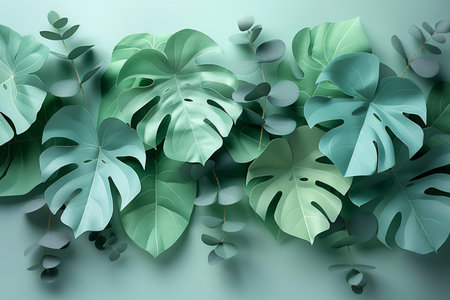 Tropical background with monstera leaves. 3d render illustrationの素材