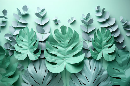 Tropical leaves on green background, 3d rendering. Computer digital drawing.の素材