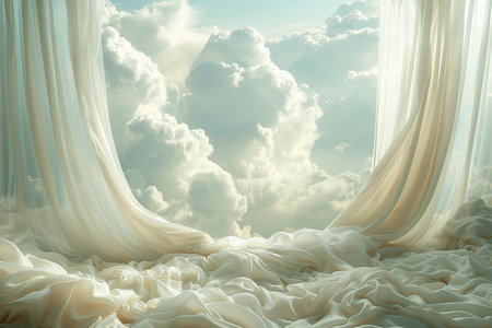 White curtains and blue sky with white clouds. 3D illustrations.の素材