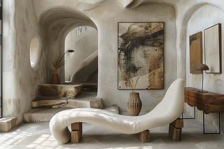 Interior design of luxury bathroom with marble walls, tiled floor, comfortable white bathtub and round mirror. 3d renderの素材