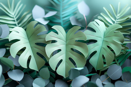 Tropical leaves background. 3d illustration. Copy space.の素材