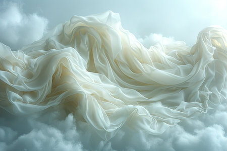 3D illustration of a beautiful white fabric flying in the cloudy skyの素材