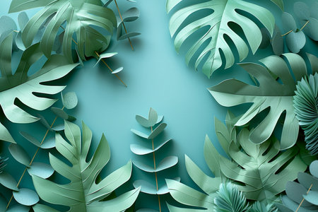 Tropical leaves on blue background. Top view, flat layの素材