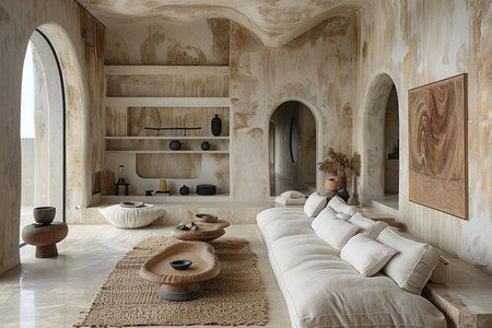 Interior of modern bathroom with wooden walls, tiled floor, comfortable beige sofa with pillows and coffee tableの素材